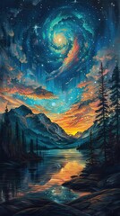 The stunning painting captures a tranquil scene of a lake and mountains under a mesmerizing starry night sky