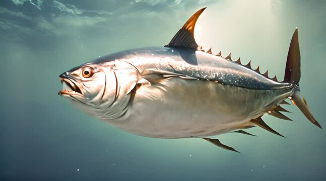 Blue fin tuna fish swimming in clear ocean water. generative AI