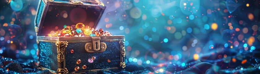 A treasure chest brimming with sparkling gemstones lies in an artificial intelligenceguarded bunker, colorful strange bizarre sharpen blur background with copy space