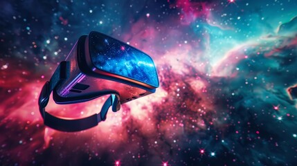 A virtual reality headset displays a cosmic energy simulation, immersing users in a universe of stars and nebulae, colorful strange bizarre sharpen blur background with copy space