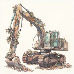 Design a watercolor illustration of a detailed frontal view of an excavator