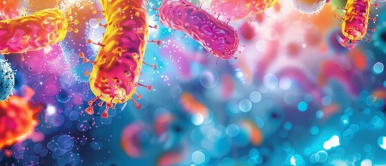 Dive into the depth of microbiology with this vibrant illustration of probiotics bacteria under the microscope, Sharpen banner template with copy space on center