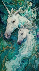 Capture the majestic elegance of two unicorns in a serene, aerial view setting Utilize vibrant colors reminiscent of a watercolor painting to bring out their magical essence
