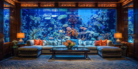 Aquarium fish tank home interior design, mansion, marine sea theme, fantasy architecture, luxury