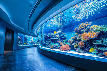 Modern aquarium museum zoo interior design, tropical fish tank, architecture