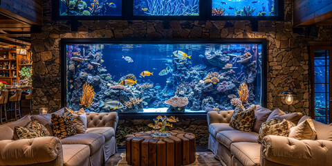 Aquarium fish tank home interior design, mansion, marine sea theme, fantasy architecture, luxury, wide banner