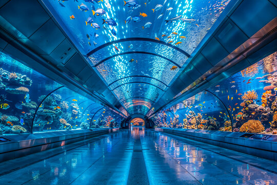 Fototapeta Aquarium tunnel interior design, underwater exhibit, architecture