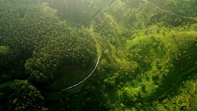Aerial view of train winding through rich green Haputale mountains. Rail tracks carve a scenic route in Sri Lanka tea plantation landscapes. Travelers explore by rail journey, nature surrounds.