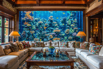 Large aquarium fish tank home interior design, mansion, marine sea theme, fantasy architecture, luxury