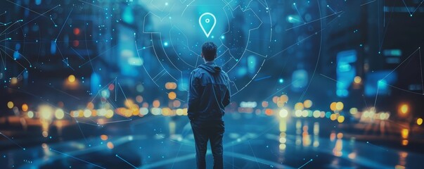 The concept of transformation and digitization is vividly captured as a young entrepreneur stands before a digital display showing a futuristic map pin location AI technology