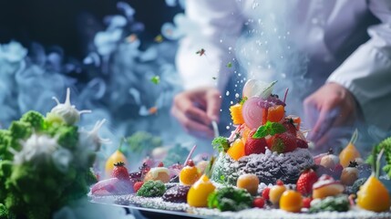 Naklejka premium The culinary world marvels at a chef who uses molecular gastronomy to sculpt dishes that resemble miniature scifi landscapes