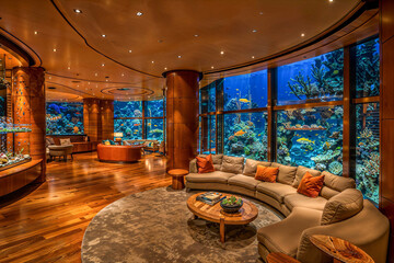 Underwater aquarium interior design, mansion, marine sea theme, fantasy architecture, luxury