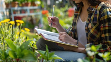 A woman is relaxing in a natural landscape garden surrounded by plants and grass, leisurely writing in a notebook while enjoying the peaceful landscape AIG50