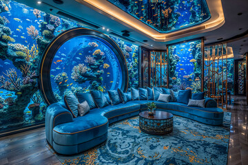 Underwater home interior design, mansion, marine sea theme, fantasy architecture, luxury