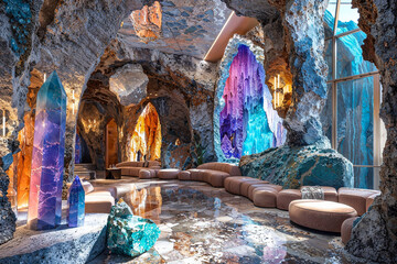Crystal cave mansion interior design, mineral formations, underground grotto, fantasy architecture