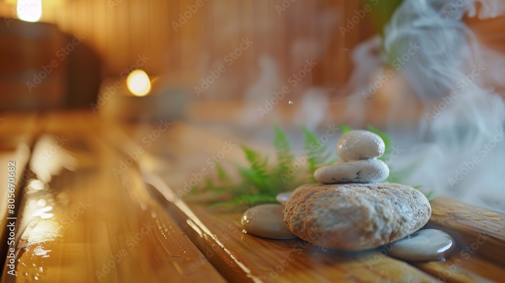 Poster a closeup of aromatic steam rising from the sauna rocks creating a soothing and calming atmosphere..