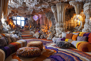 Cave home interior design, purple and orange rug and couch, white mineral formations, grotto, fantasy architecture, luxury