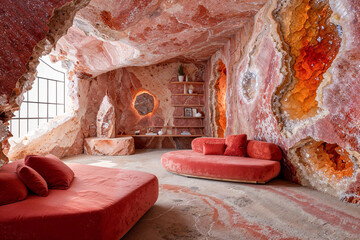 Crystal cave home interior design, pink and orange, mineral formations, underground grotto, fantasy architecture, luxury