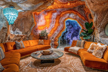 Crystal cavern home interior design, living room, mineral formations, underground grotto, fantasy architecture, luxury
