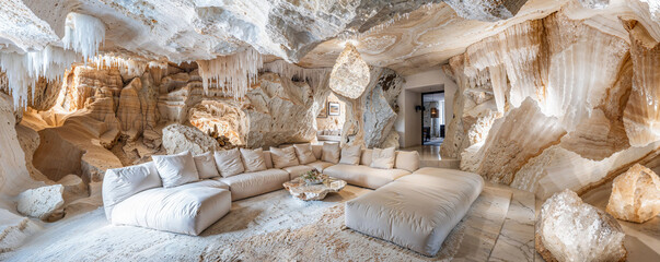 White underground geological home interior design, living room, mineral formations, underground grotto, fantasy architecture, wide banner