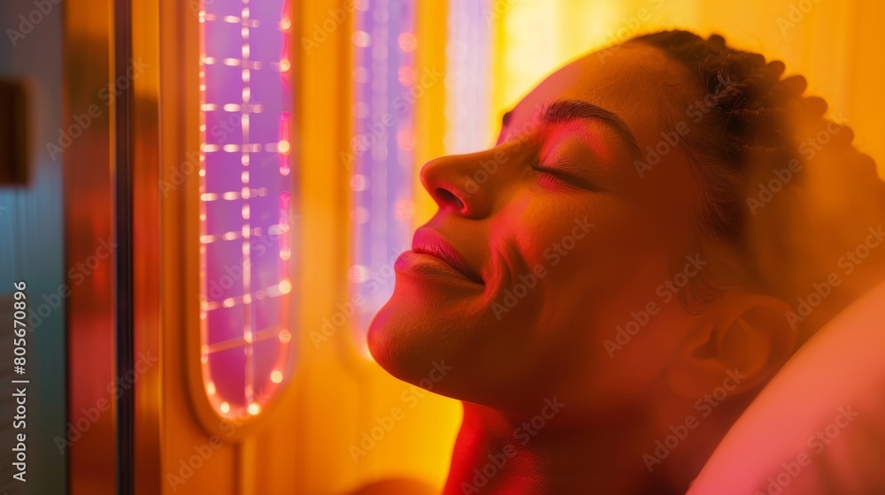 Poster a woman taking a break from a busy day to relax and detox in an infrared sauna as part of her person