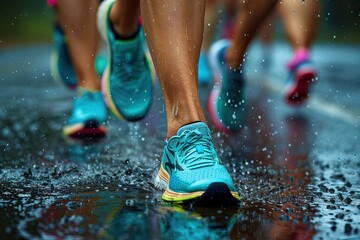 A diverse group of enthusiastic runners, wearing bright athletic gear, joyfully splash through rain puddles, creating playful water sprays as they run together in the rain
