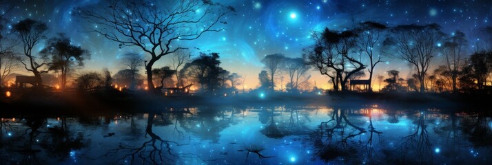 Obraz premium The night sky comes alive with vibrant stars above the still lake and towering trees in the enchanting forest. Experience the magic of natures nocturnal beauty in this captivating image