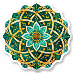 Mandala sticker design in emerald green and gold with Celtic knot patterns on a white background
