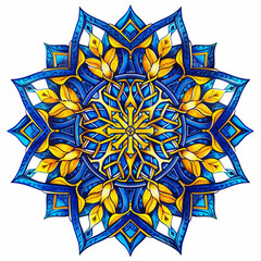 Mandala sticker design with celtic knot patterns in yellow and blue on a white background