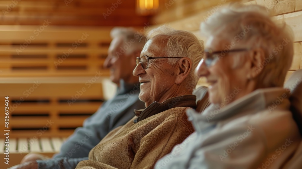 Poster a group of elderly friends enjoying a relaxing sauna session together thanks to the availability of 
