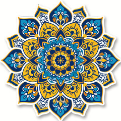 Mandala sticker design in yellow and blue on a white background.
