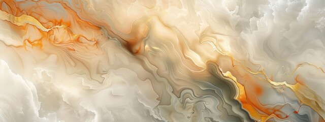 A closeup of an abstract, fluid pattern in shades of beige and brown, resembling flowing watercolors on glass or marble, with subtle gold accents. The background is soft white clouds.