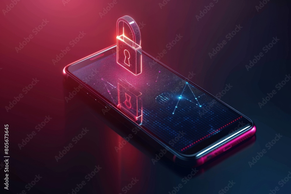 Poster 3d smartphone with a digital padlock on the screen. generate ai image