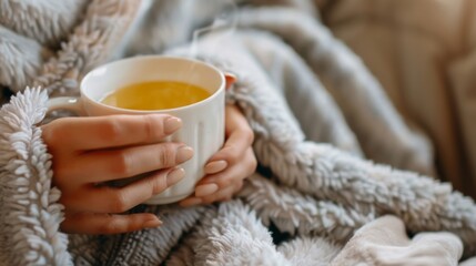 Wrapped in a cozy robe and sipping on a warm cup of herbal tea after a sauna session feeling a sense of calm and contentment amidst the wintery weather..