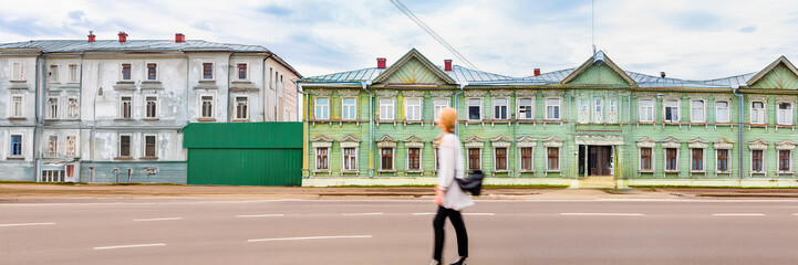Vernacular Russian old colorful architecture facade