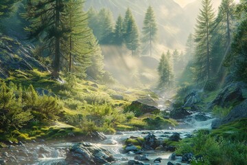 A beautiful misty morning in the forest with river. Generate AI image
