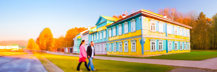 Vernacular Russian old colorful architecture facade