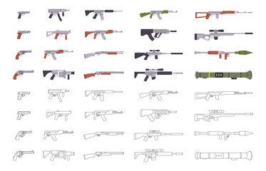 Tactical assault rifles. Military weapons silhouettes. Various modern weapons. Smoothbore guns, AK 47, sniper rifles, anti-tank grenade launchers.
