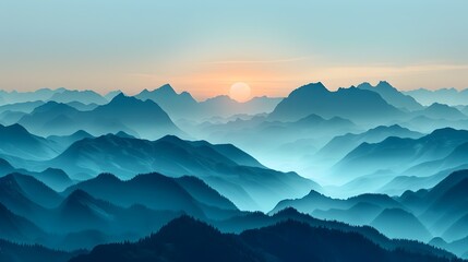 Majestic silhouetted mountain ranges bathed in ethereal light at dramatic sunrise or sunset