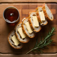 Fresh Bread Slices with Butter on a Wood Serving Board