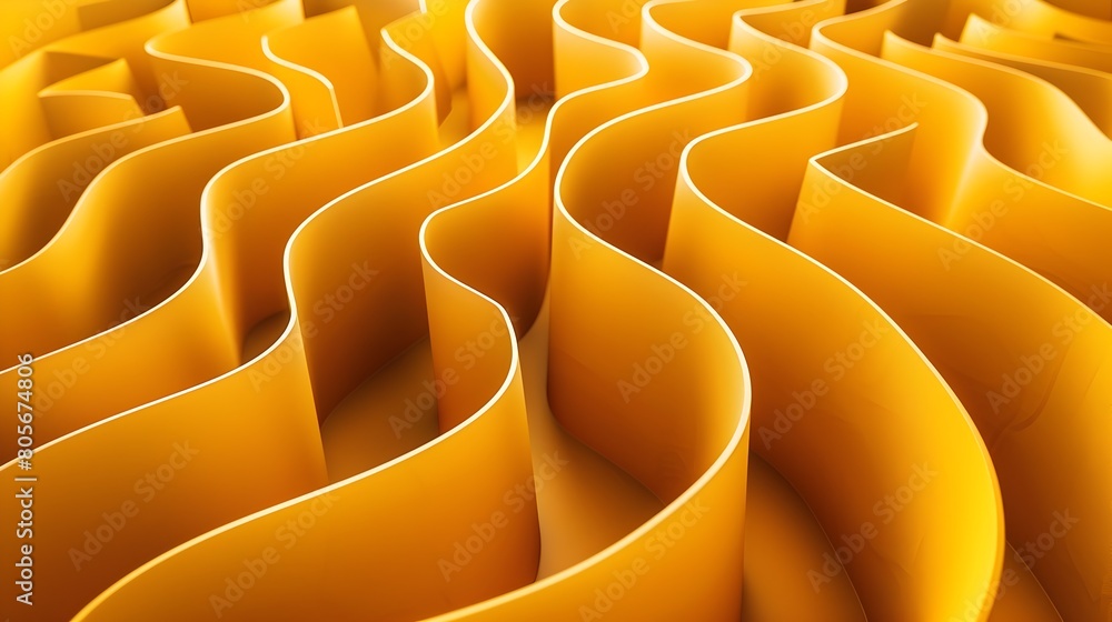 Poster bright yellow folded paper maze abstract with flowing curved patterns in 3d rendering