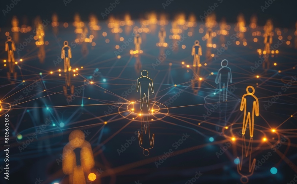 Poster a network of business people connecting with glowing color. generate ai image