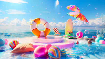 podium Surreal dream Summer  3d polygon , pile of sand beach umbrella, beach chair, beach ball, flowers, Travel inspiration