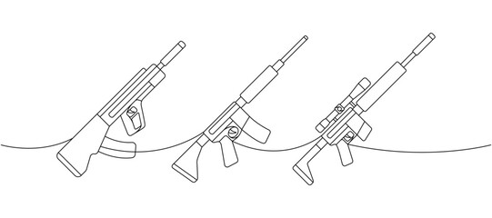 Tactical assault rifles set one line continuous drawing. Various modern weapons continuous one line illustration. Vector linear illustration.