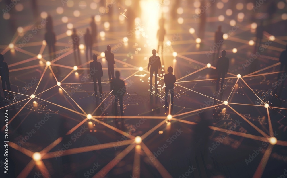 Poster a network of business people connecting with glowing color. generate ai image