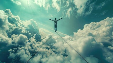 Risk Management: An unrecognizable man balancing on a tightrope with a safety net below