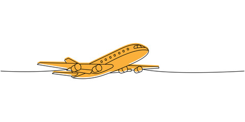 Aircraft, air transport one line colored continuous drawing. Different air transport continuous one line illustration. Vector minimalist illustration