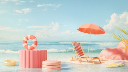 Obraz premium podium Surreal dream Summer 3d polygon , pile of sand beach umbrella, beach chair, beach ball, flowers, Travel inspiration