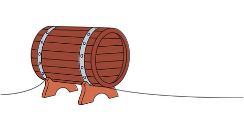 Wooden barrel, old cask one line colored continuous drawing. Beer pub products continuous one line illustration. Vector linear illustration.