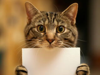 Tabby cat holding a white square piece of paper with copy space, creative commons attribution with lively advertising inspired style. Against a warm toned background.